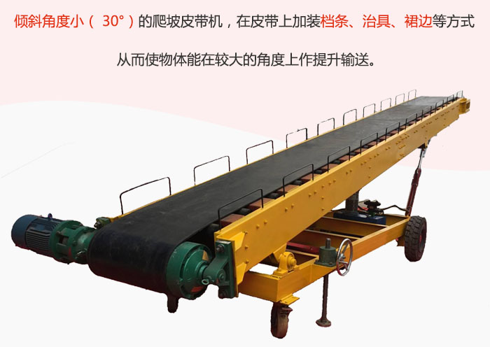 傾斜角度小（ 30°）的爬坡皮帶機(jī)，在皮帶上加裝檔條、治具、裙邊等方式從而使物體能在較大的角度上作提升輸送。